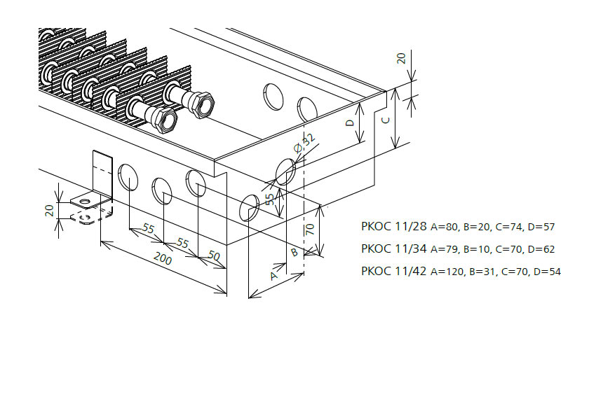 Rysunek techniczny konwektora PKOC